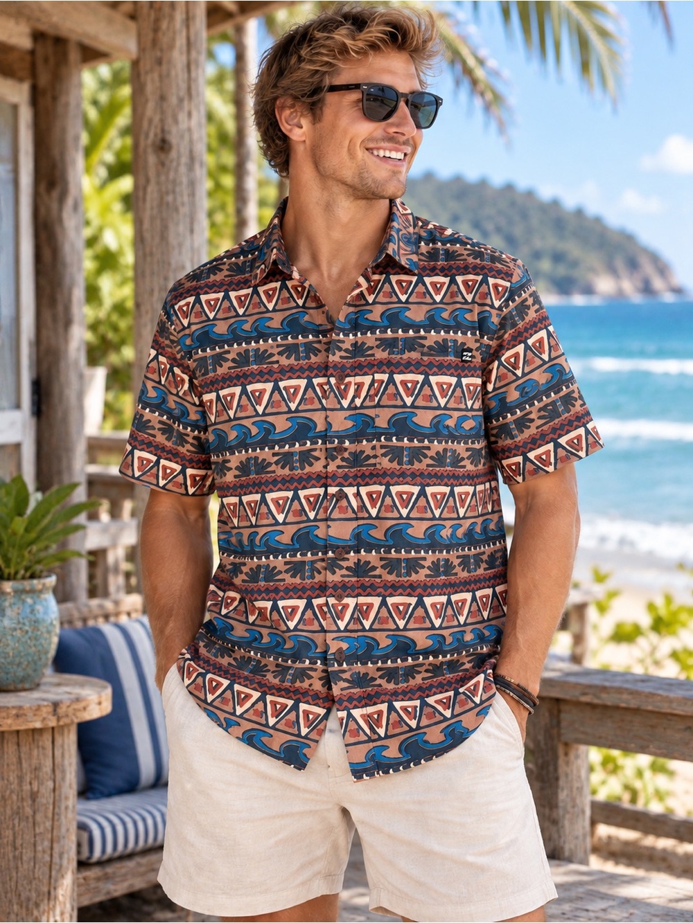 Billabong Men’s 100% Cotton Short Sleeve Wave Print Shirt Tan Blue Small NWT